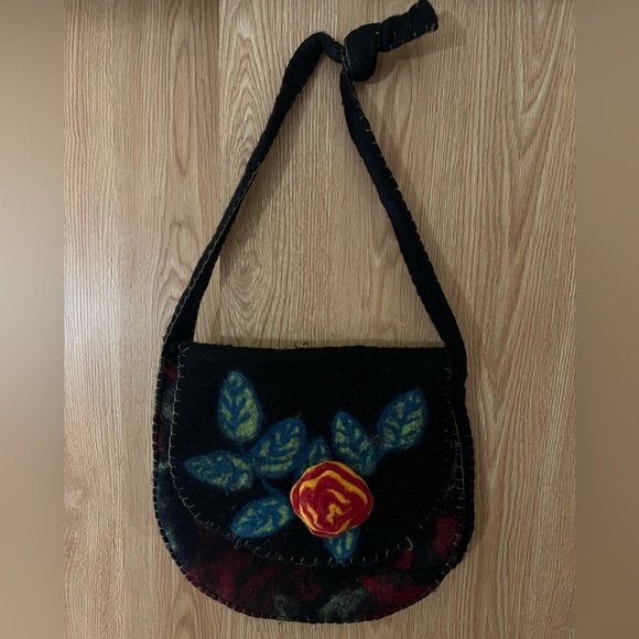 Ethnic Nepal Felted 100% Wool Floral Large Bag Tote - Picture 8 of 9